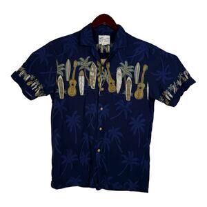 VINTAGE Diamond Head Shirt Mens M Blue Navy Hawaiian Ukulele Surfboard Rayon